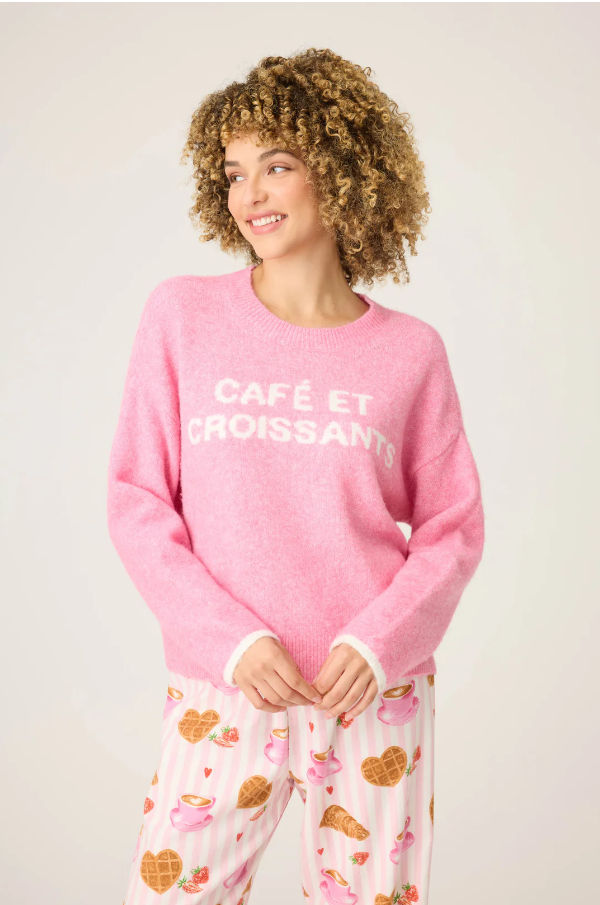 PJ Salvage - Cafe Et Croissants Snuggle Sweater - Bright Pink - RUFLLS