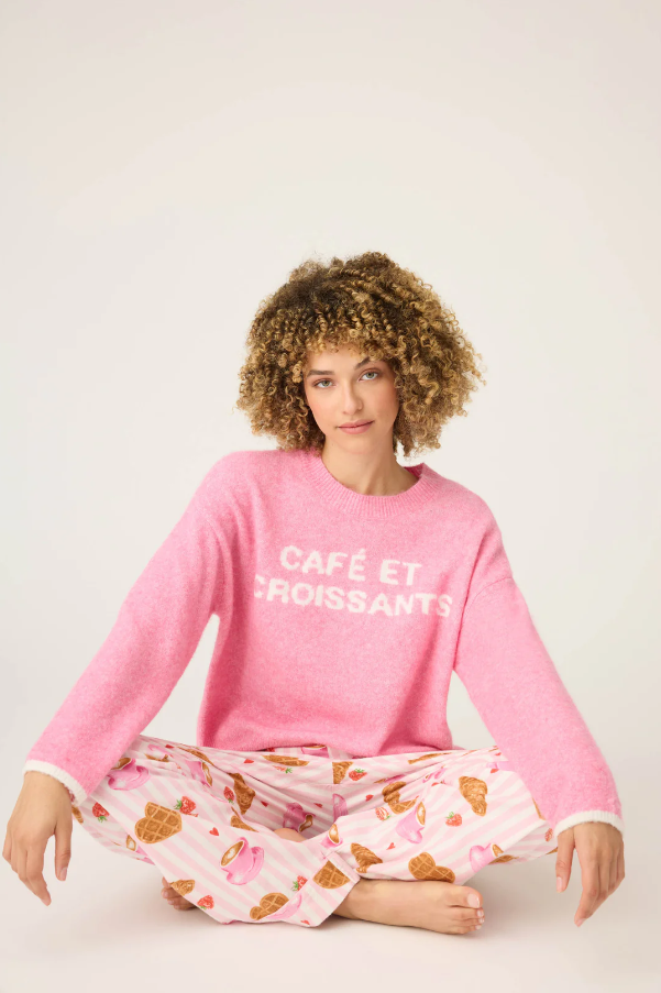 PJ Salvage - Cafe Et Croissants Snuggle Sweater - Bright Pink - RUFLLS