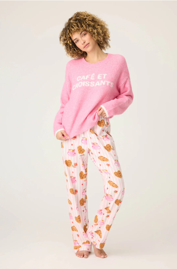 PJ Salvage - Cafe Et Croissants Snuggle Sweater - Bright Pink - RUFLLS