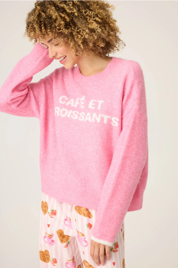 PJ Salvage - Cafe Et Croissants Snuggle Sweater - Bright Pink - RUFLLS